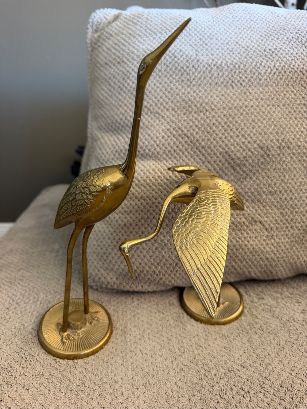 Brass Heron Sculptures - Gold Decorative Set large 11 inches small 7 inches